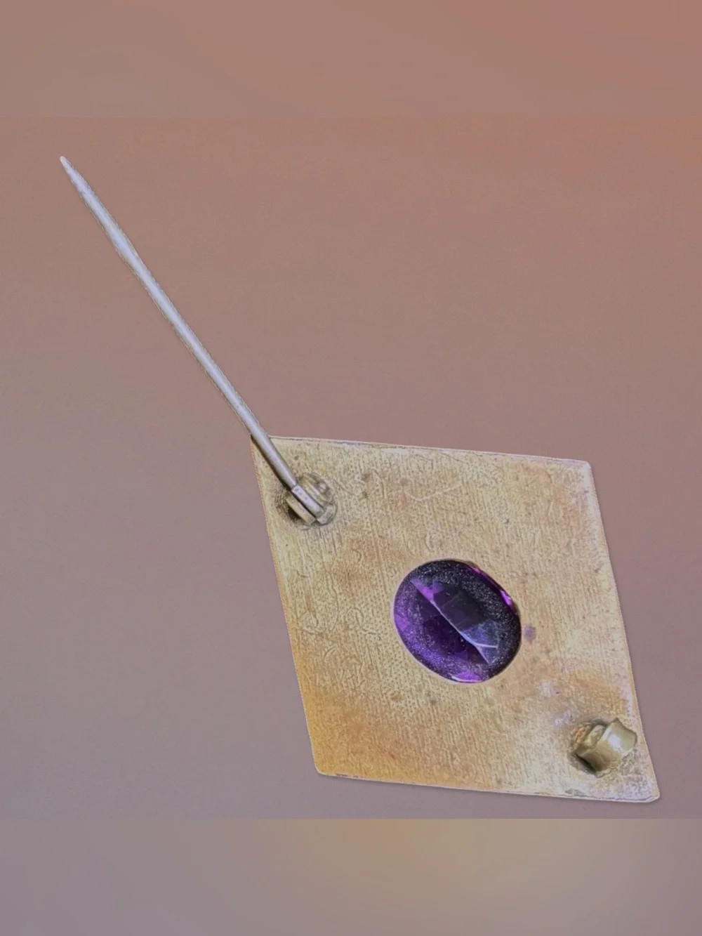 Antique Arts & Crafts Hammered Brass Amethyst Glass Brooch Pin w/ Box